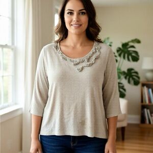 Caribbean Joe Beige Top with Floral Accents